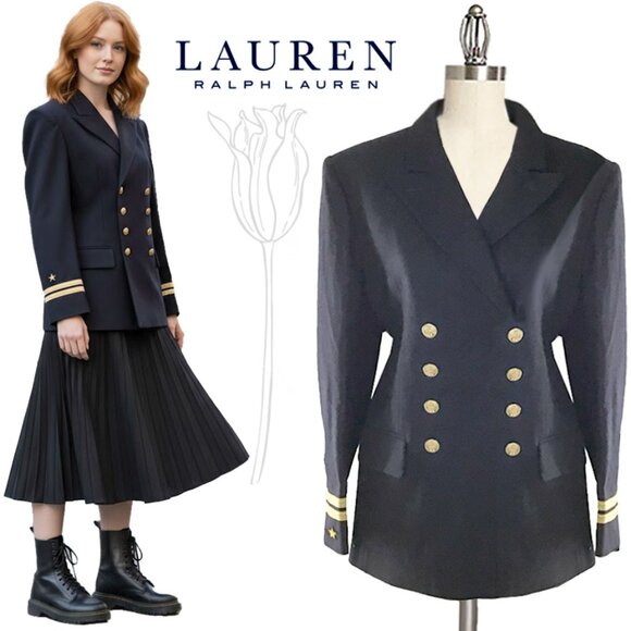 Lauren Ralph Lauren Vintage Black Double Breasted Wool Military Jacket NWOT - Picture 1 of 10